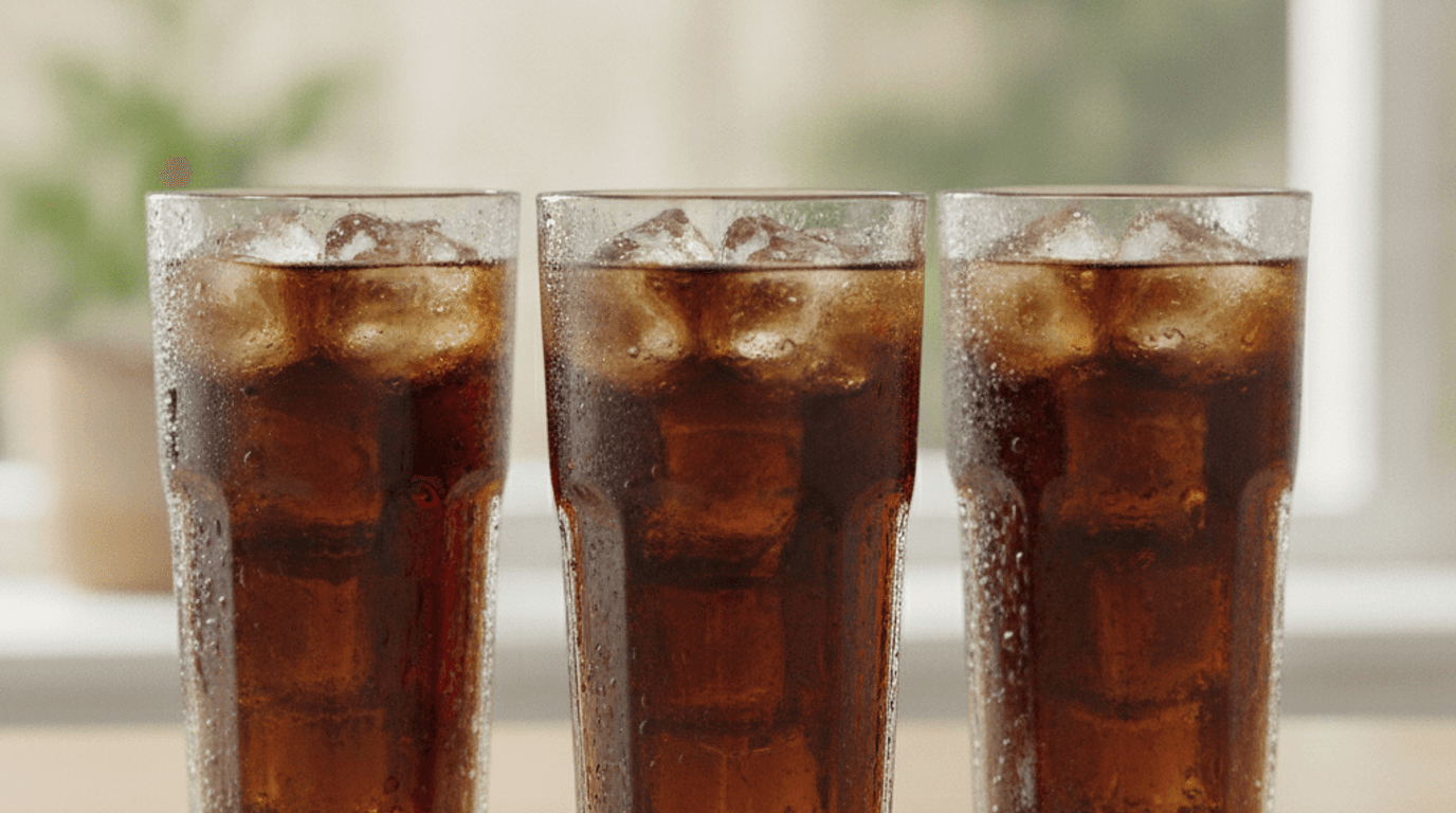 three glasses of dark cola over ice side by side for comparison