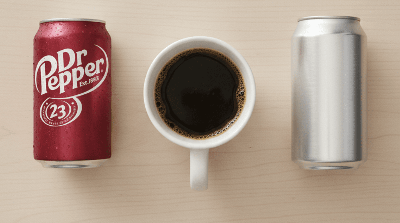 A chilled can of Dr Pepper beside a mug of black coffee, showing the caffeine size difference