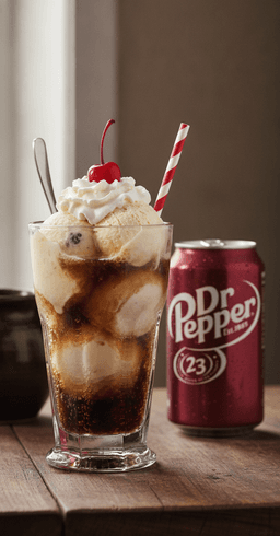 A boozy Dr Pepper float with vanilla ice cream, whipped cream and a cherry, a can of Dr Pepper beside it