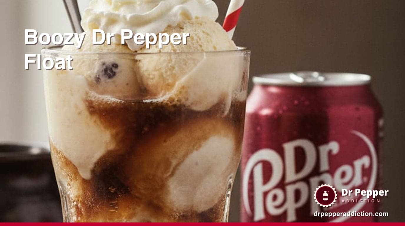 A boozy Dr Pepper float with vanilla ice cream, whipped cream and a cherry, a can of Dr Pepper beside it