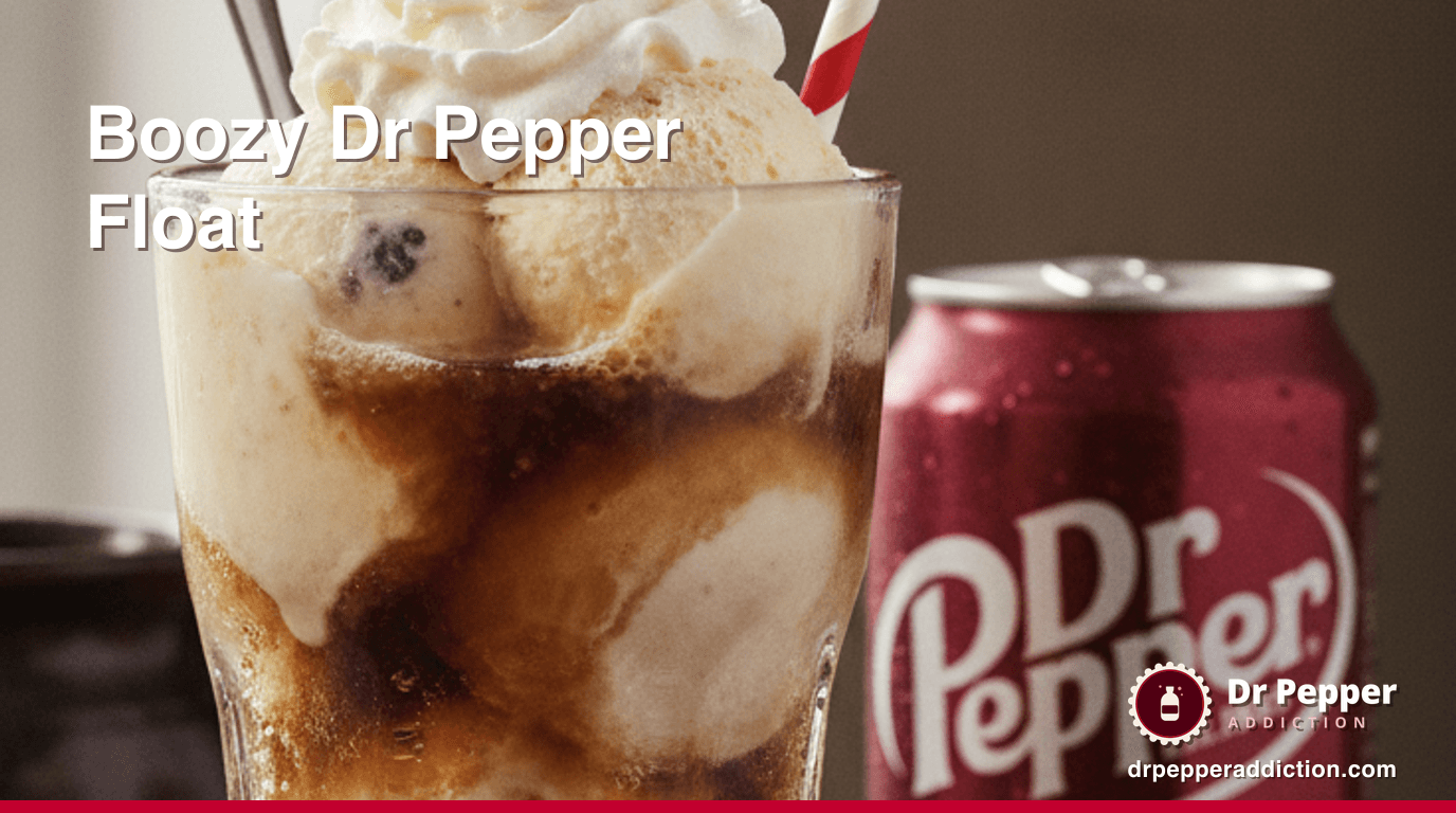 A boozy Dr Pepper float with vanilla ice cream, whipped cream and a cherry, a can of Dr Pepper beside it