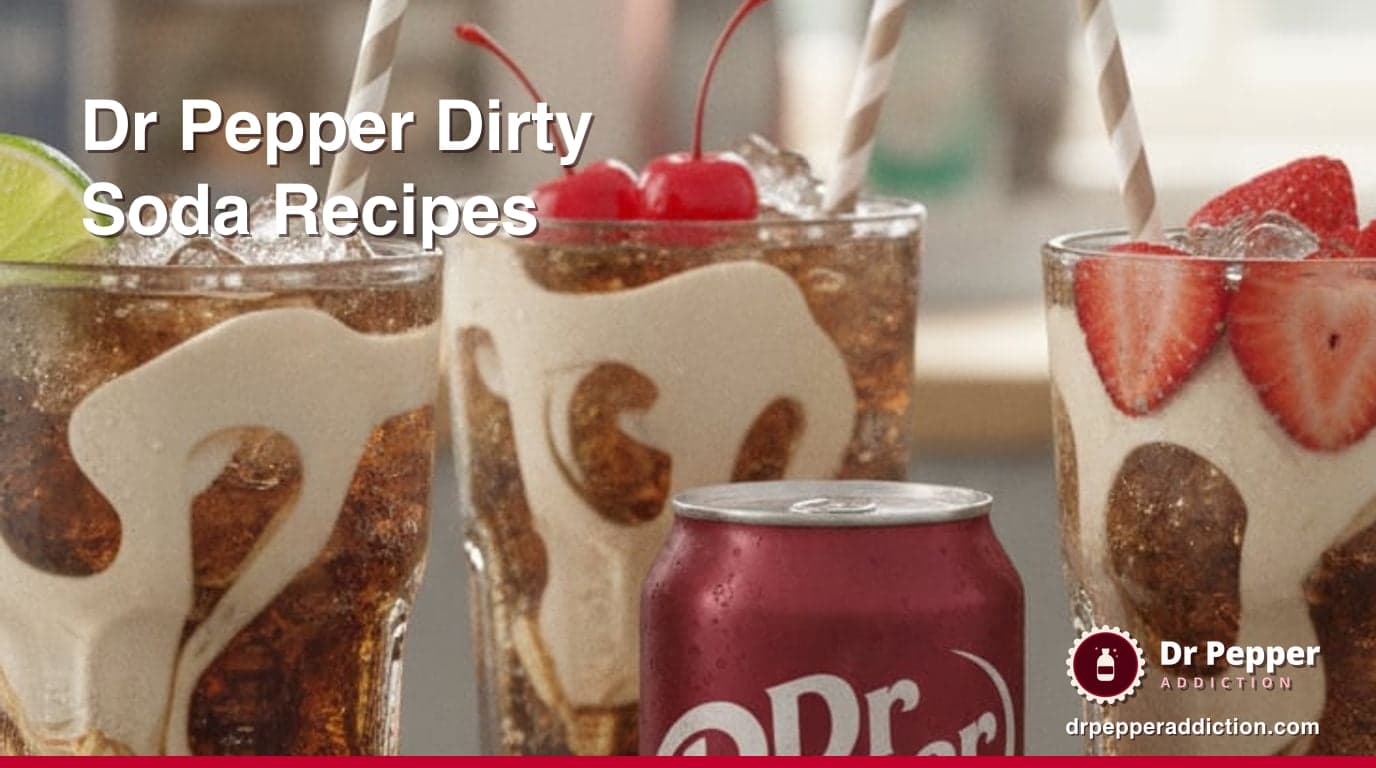 Three tall glasses of dark Dr Pepper dirty soda over pebble ice with cream swirling through, garnished with lime, cherries and strawberries