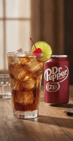 A tall Dr Pepper bourbon smash over ice with a lime wheel and cherry, a can of Dr Pepper beside it