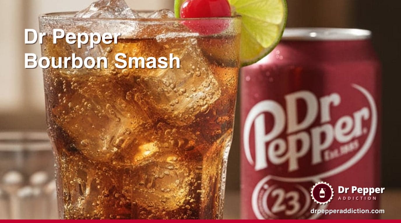 A tall Dr Pepper bourbon smash over ice with a lime wheel and cherry, a can of Dr Pepper beside it