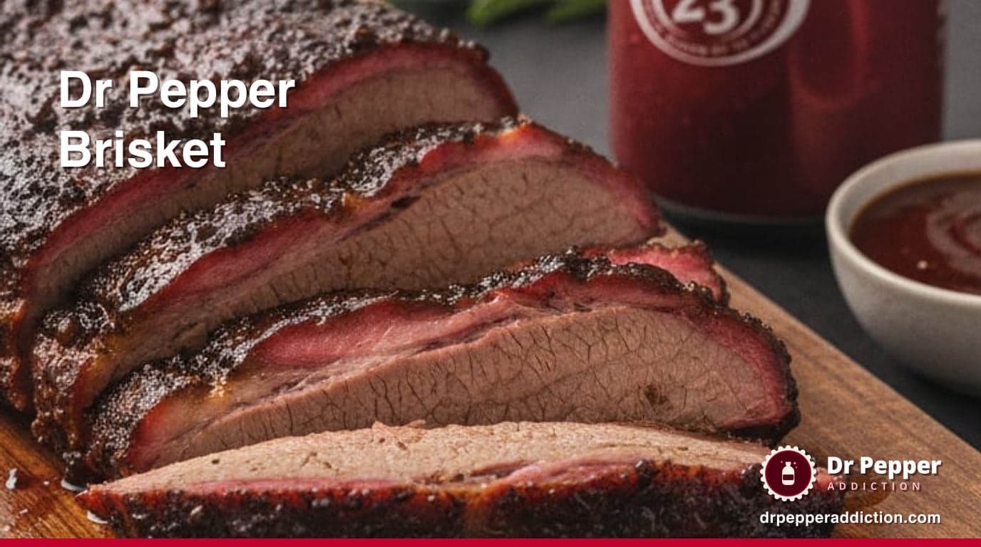 Sliced Dr Pepper braised brisket with a pink smoke ring fanned on a board, a can of Dr Pepper beside it