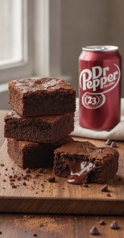 A stack of fudgy Dr Pepper brownies with a gooey center, a can of Dr Pepper beside it