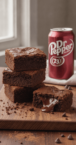 A stack of fudgy Dr Pepper brownies with a gooey center, a can of Dr Pepper beside it