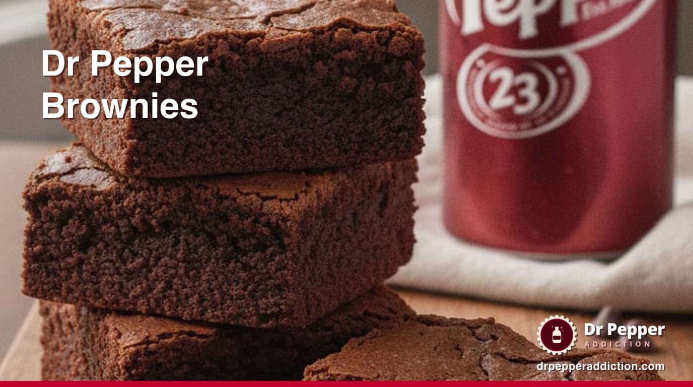 A stack of fudgy Dr Pepper brownies with a gooey center, a can of Dr Pepper beside it