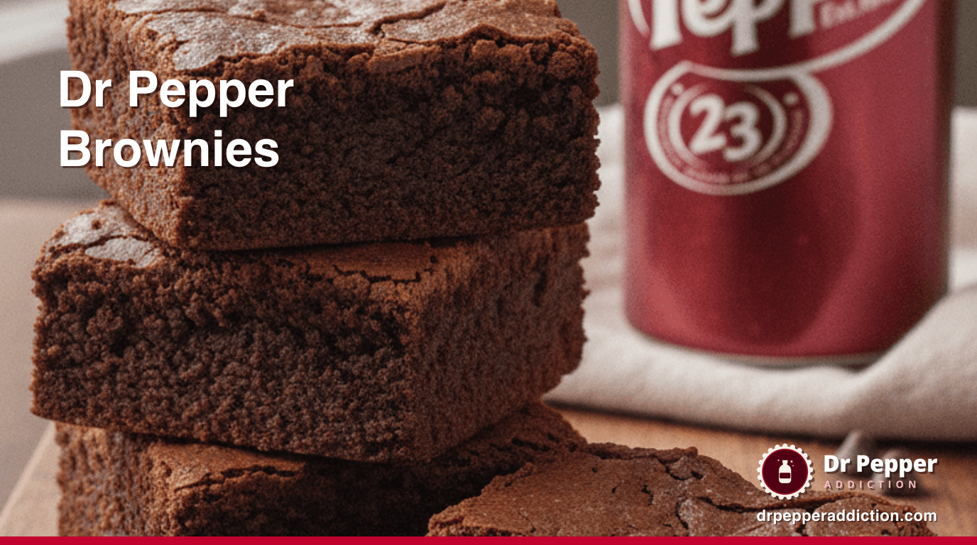 A stack of fudgy Dr Pepper brownies with a gooey center, a can of Dr Pepper beside it