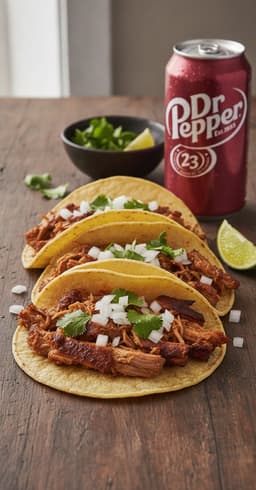 Three Dr Pepper carnitas tacos with crispy pork, onion, cilantro and lime, a can of Dr Pepper beside it