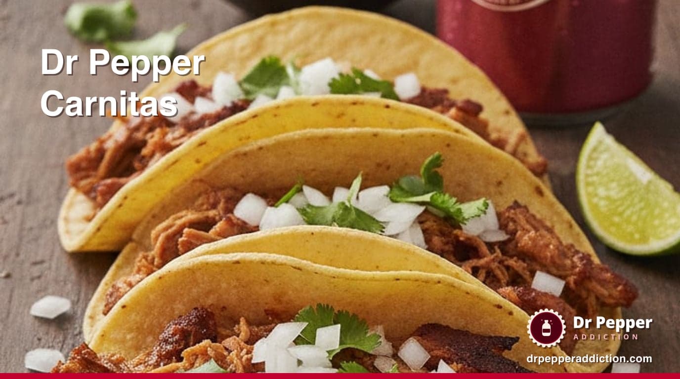 Three Dr Pepper carnitas tacos with crispy pork, onion, cilantro and lime, a can of Dr Pepper beside it