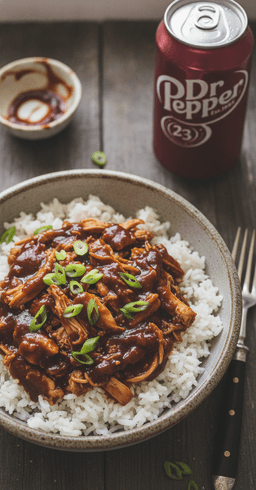A bowl of shredded Dr Pepper barbecue chicken over rice with scallions, a can of Dr Pepper beside it