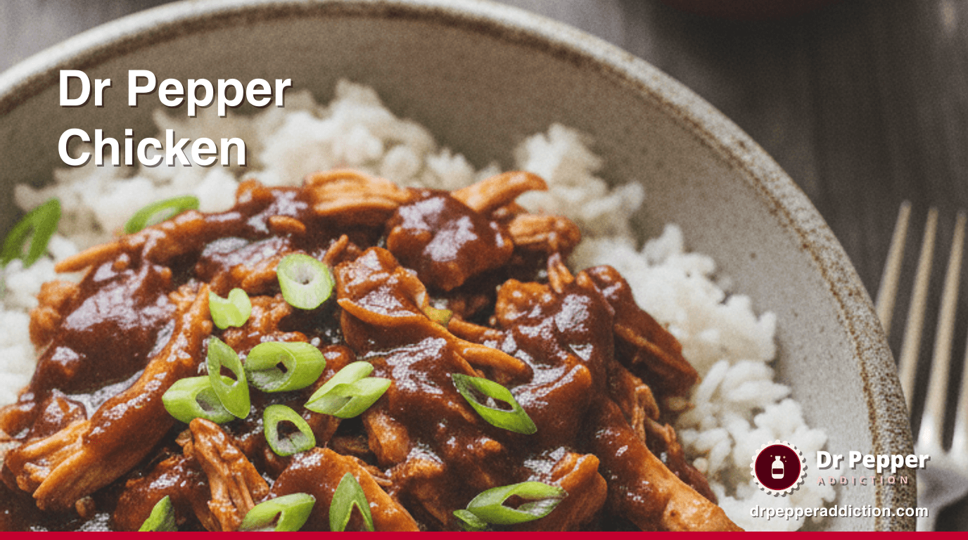 A bowl of shredded Dr Pepper barbecue chicken over rice with scallions, a can of Dr Pepper beside it