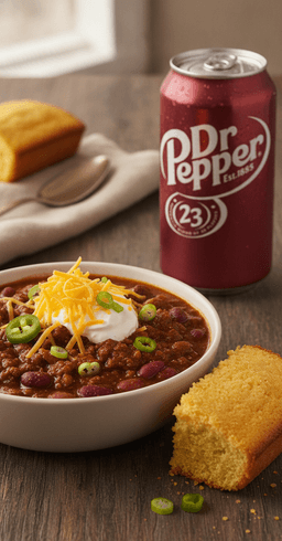 A bowl of hearty Dr Pepper chili topped with cheese, sour cream and jalapeno with cornbread, a can of Dr Pepper beside it