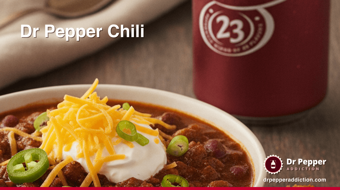 A bowl of hearty Dr Pepper chili topped with cheese, sour cream and jalapeno with cornbread, a can of Dr Pepper beside it