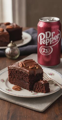 A slice of dark Dr Pepper chocolate sheet cake with fudge frosting and pecans, a can of Dr Pepper beside it