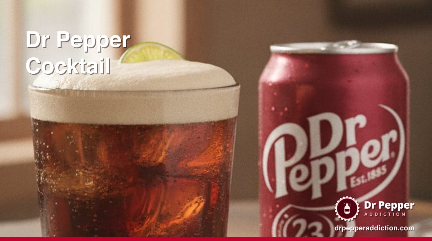A tall amaretto Dr Pepper cocktail with a foamy head over ice, a can of Dr Pepper beside it