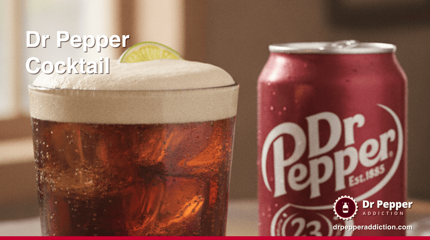 A tall amaretto Dr Pepper cocktail with a foamy head over ice, a can of Dr Pepper beside it