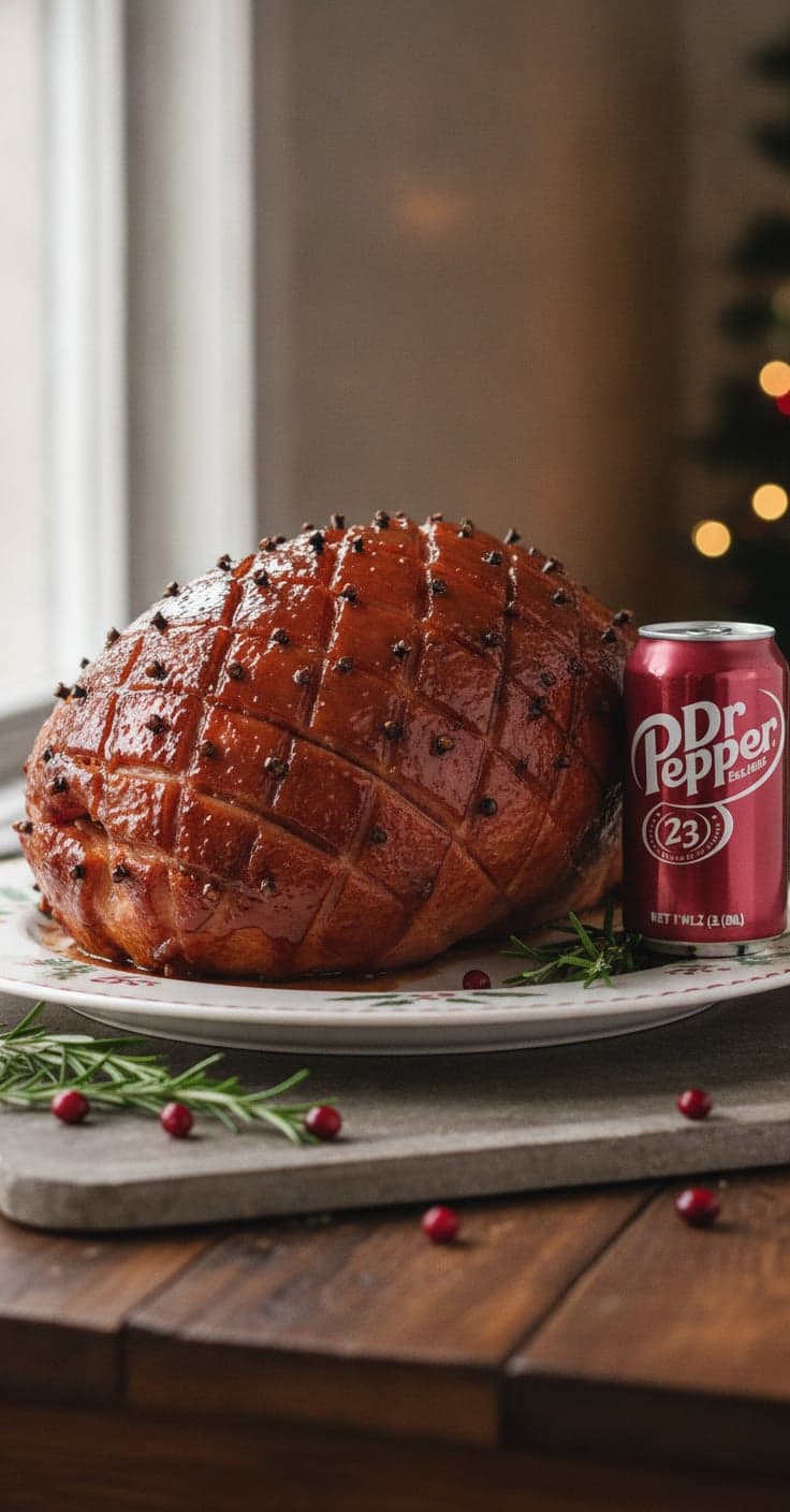 A spiral-cut Dr Pepper glazed ham, caramelized and studded with cloves, a can of Dr Pepper beside it