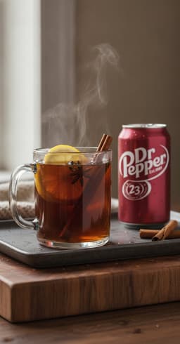 A warm Dr Pepper hot toddy in a glass mug with a lemon slice and cinnamon stick, a can of Dr Pepper beside it