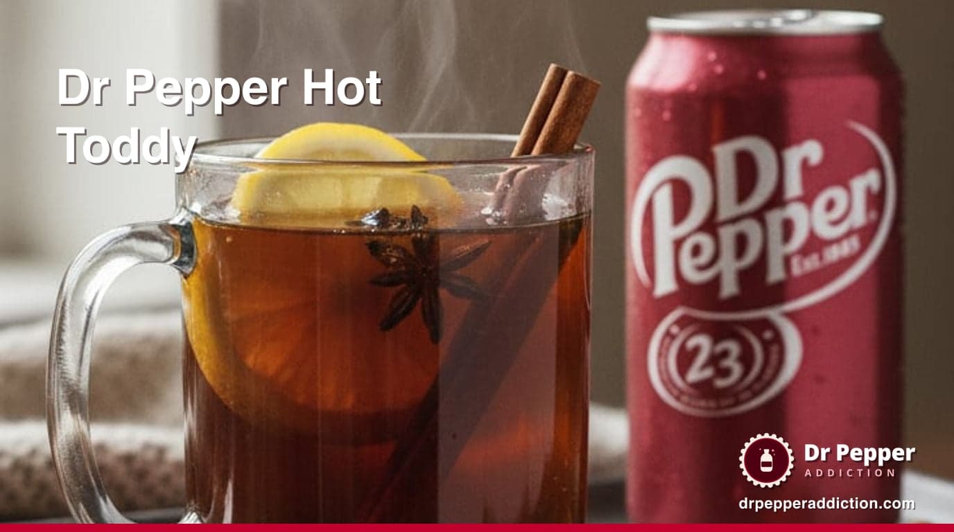 A warm Dr Pepper hot toddy in a glass mug with a lemon slice and cinnamon stick, a can of Dr Pepper beside it