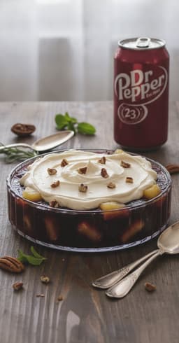 A dish of Dr Pepper cherry gelatin salad with pineapple and pecans, a can of Dr Pepper beside it
