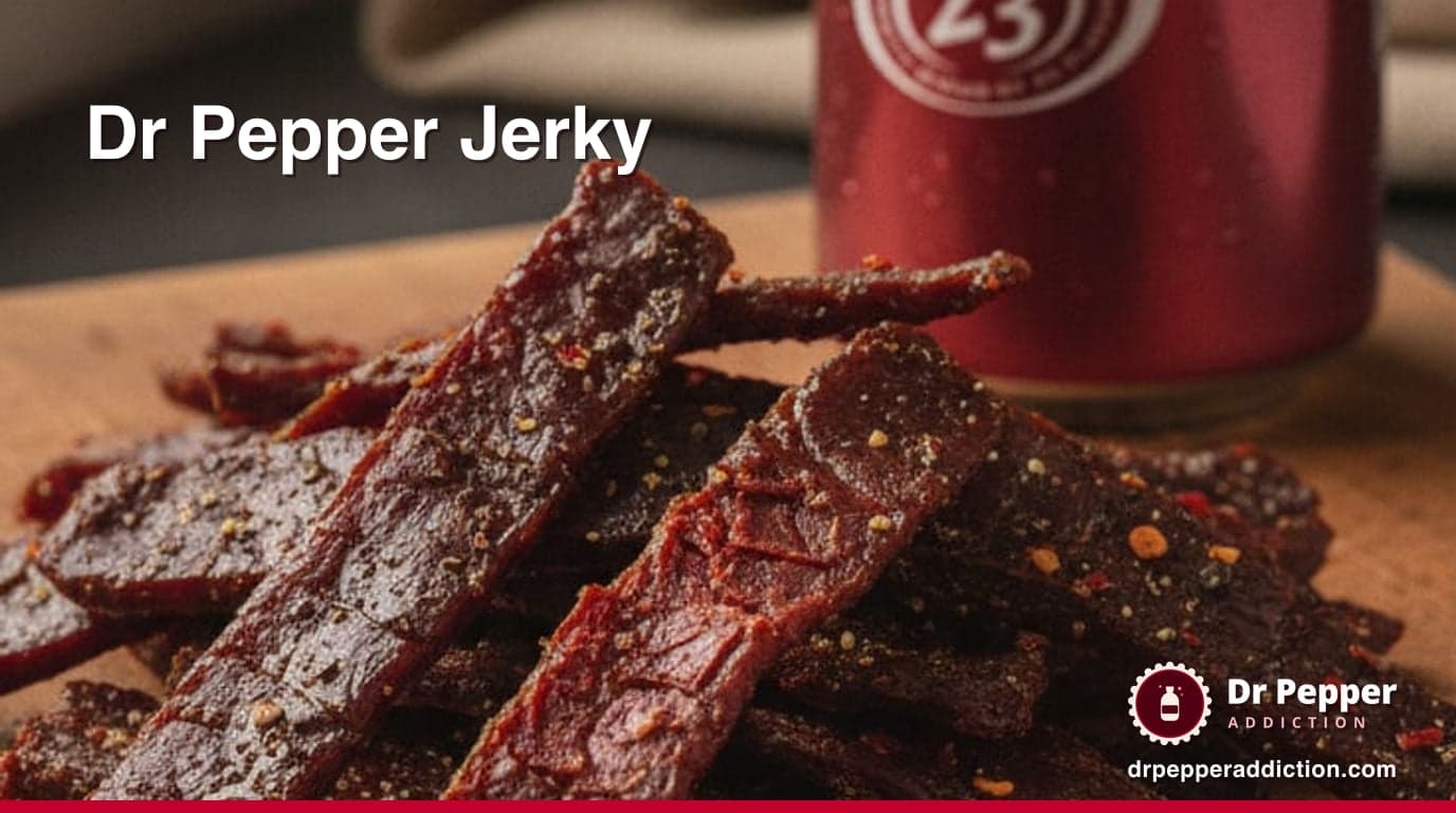 Strips of dark glossy homemade beef jerky piled on a wooden board, one strip bent to show it cracks without snapping