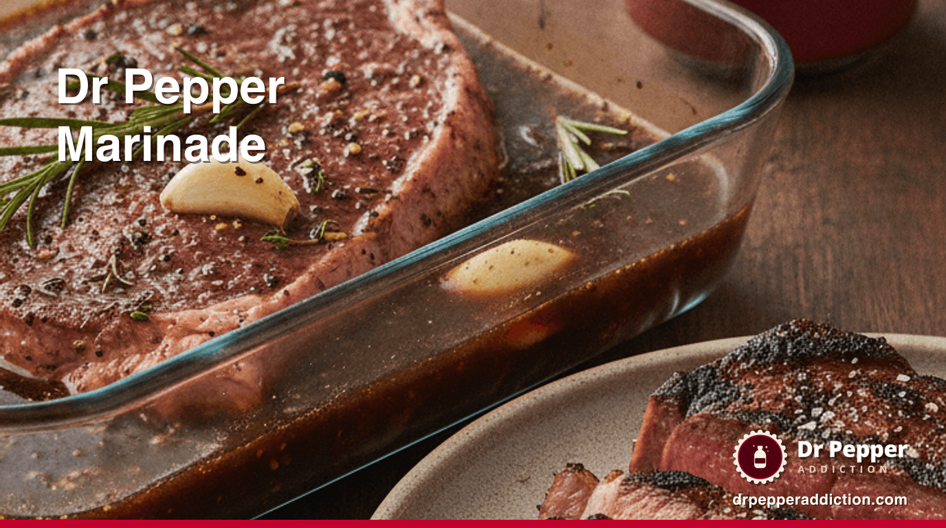 A flank steak marinating in Dr Pepper marinade beside a grilled, sliced steak, a can of Dr Pepper beside it