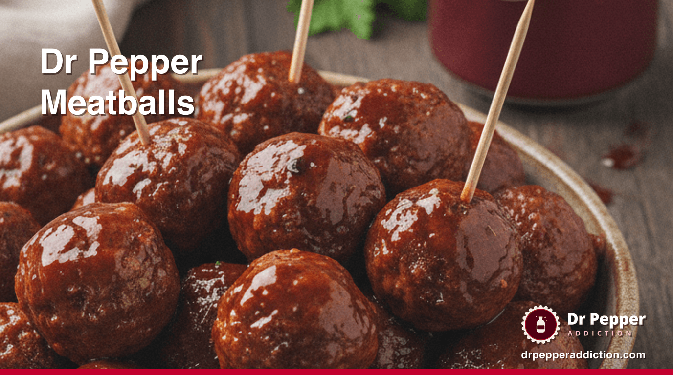 A bowl of glossy Dr Pepper cocktail meatballs with toothpicks, a can of Dr Pepper beside it