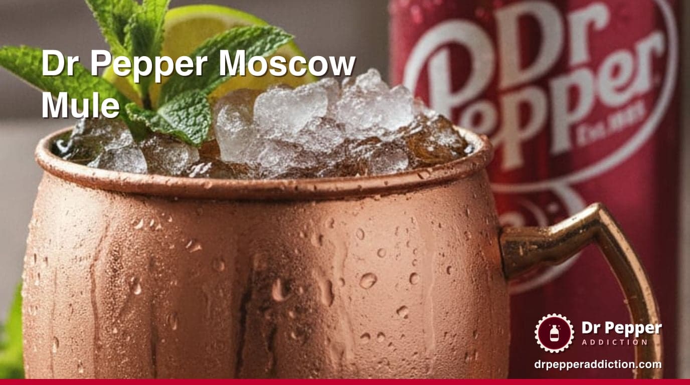 A copper mug of Dr Pepper Moscow mule with crushed ice, lime and mint, a can of Dr Pepper beside it