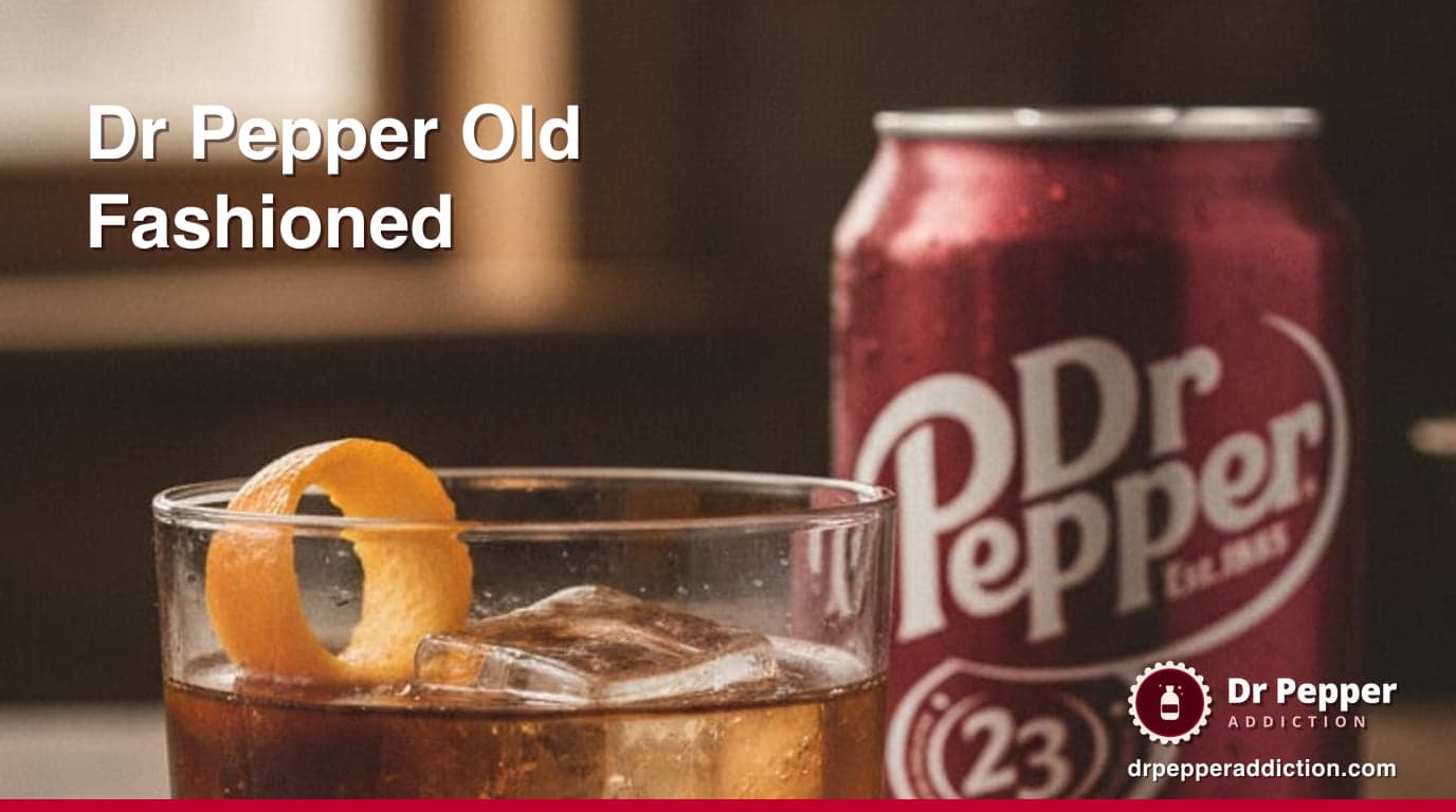 A Dr Pepper old fashioned over a large ice cube with an orange peel and cherry, a can of Dr Pepper beside it
