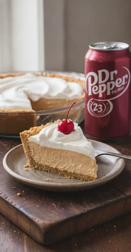 A slice of pale caramel-colored creamy pie on a plate with a graham cracker crust, topped with whipped cream and a bright red cherry, the rest of the pie and a can of Dr Pepper behind it