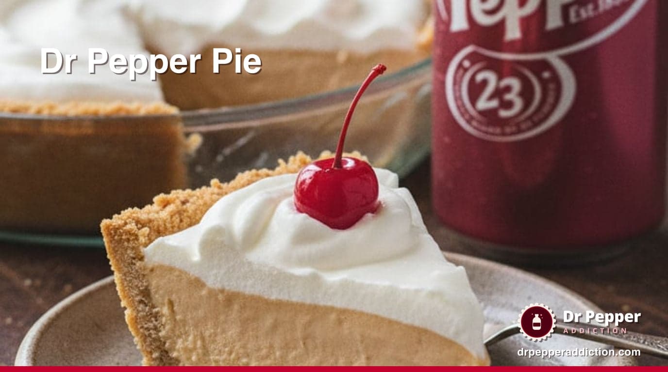 A slice of pale caramel-colored creamy pie on a plate with a graham cracker crust, topped with whipped cream and a bright red cherry, the rest of the pie and a can of Dr Pepper behind it