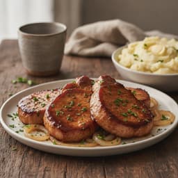 Thick boneless pork chops coated in a glossy dark brown glaze with soft sliced onions, served on a plate with mashed potatoes and a sprinkle of chopped parsley