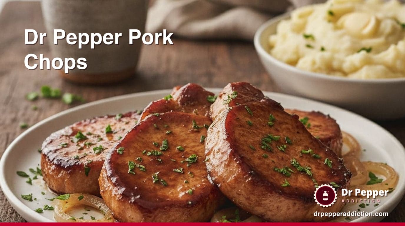 Thick boneless pork chops coated in a glossy dark brown glaze with soft sliced onions, served on a plate with mashed potatoes and a sprinkle of chopped parsley