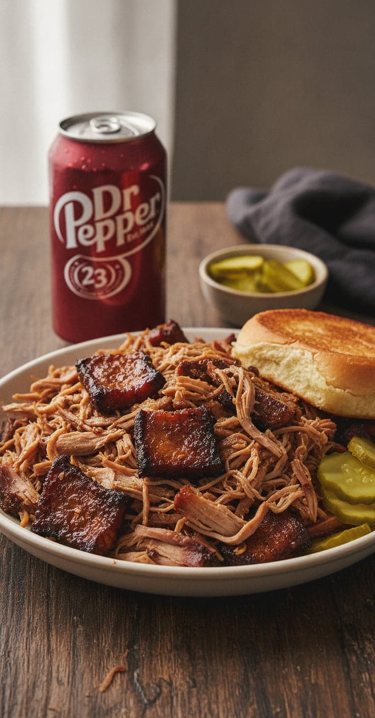 A bowl of glossy Dr Pepper pulled pork piled high with a brioche bun and pickles, a can of Dr Pepper beside it