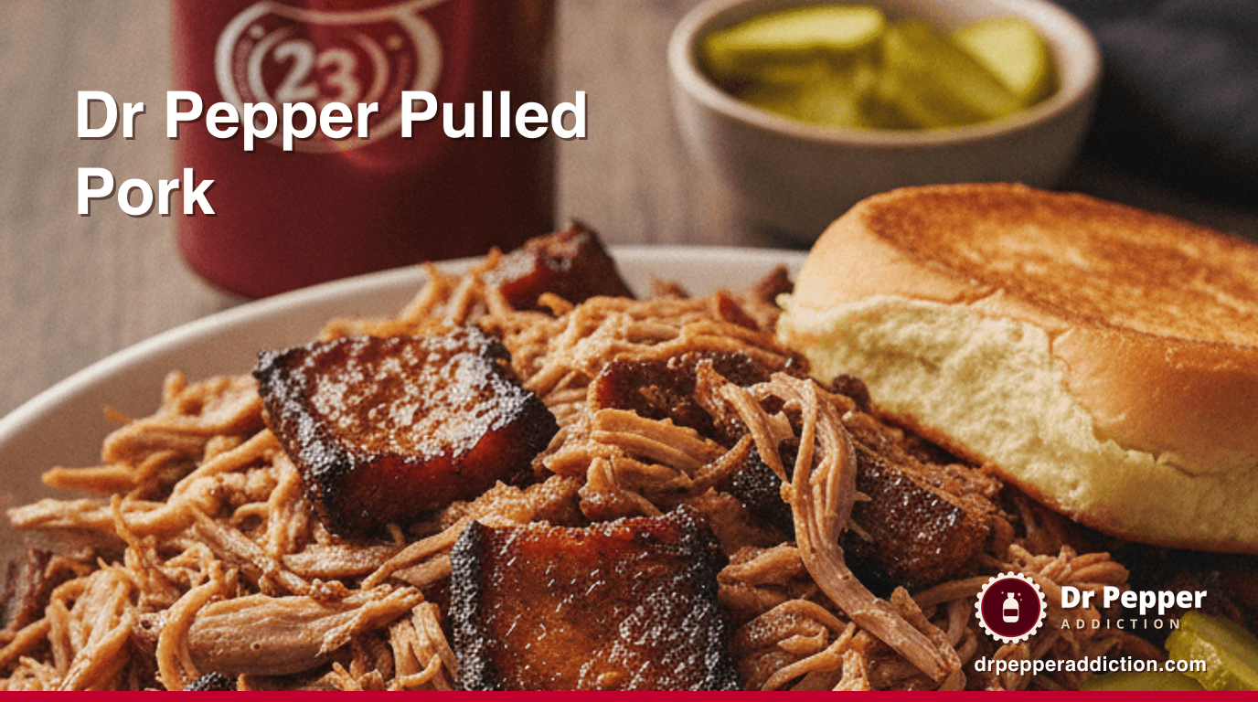 A bowl of glossy Dr Pepper pulled pork piled high with a brioche bun and pickles, a can of Dr Pepper beside it