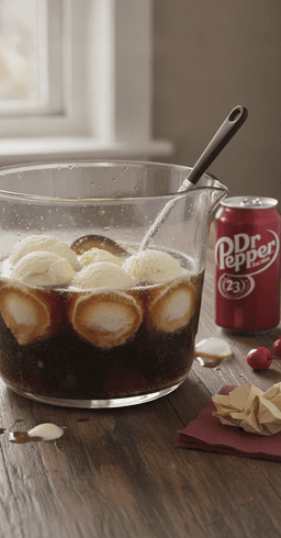 A punch bowl of Dr Pepper party punch with scoops of vanilla ice cream floating on top, a can of Dr Pepper beside it