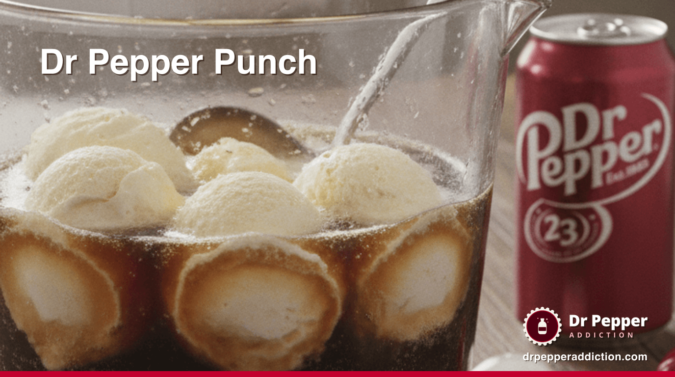 A punch bowl of Dr Pepper party punch with scoops of vanilla ice cream floating on top, a can of Dr Pepper beside it