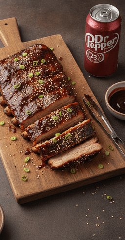 A rack of sticky Dr Pepper glazed ribs sliced on a wooden board with sesame and scallion, a can of Dr Pepper beside it