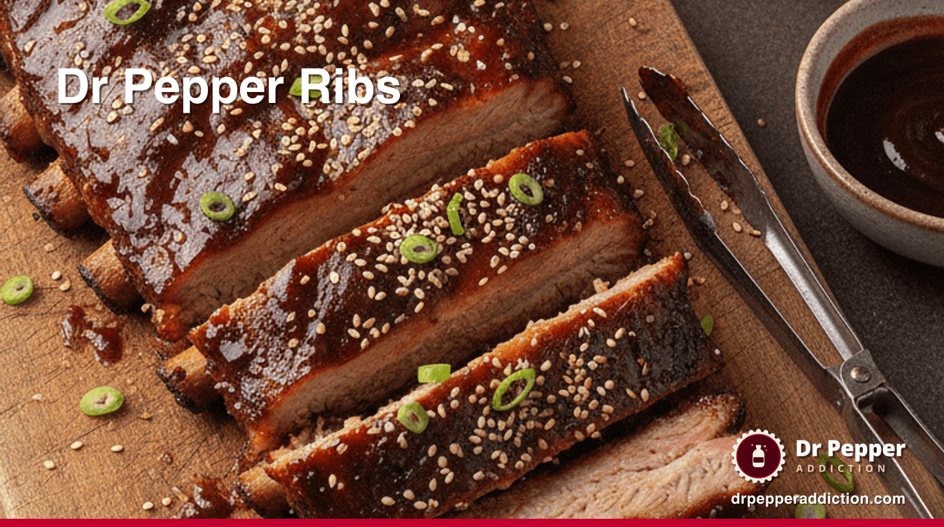 A rack of sticky Dr Pepper glazed ribs sliced on a wooden board with sesame and scallion, a can of Dr Pepper beside it