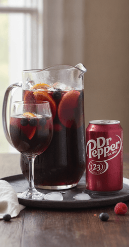 A pitcher of Dr Pepper red wine sangria with orange, apple and berries, a can of Dr Pepper beside it