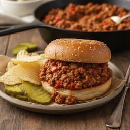 A toasted sesame bun overflowing with saucy ground beef sloppy joe filling flecked with red pepper and onion, on a plate with more filling in a skillet behind it