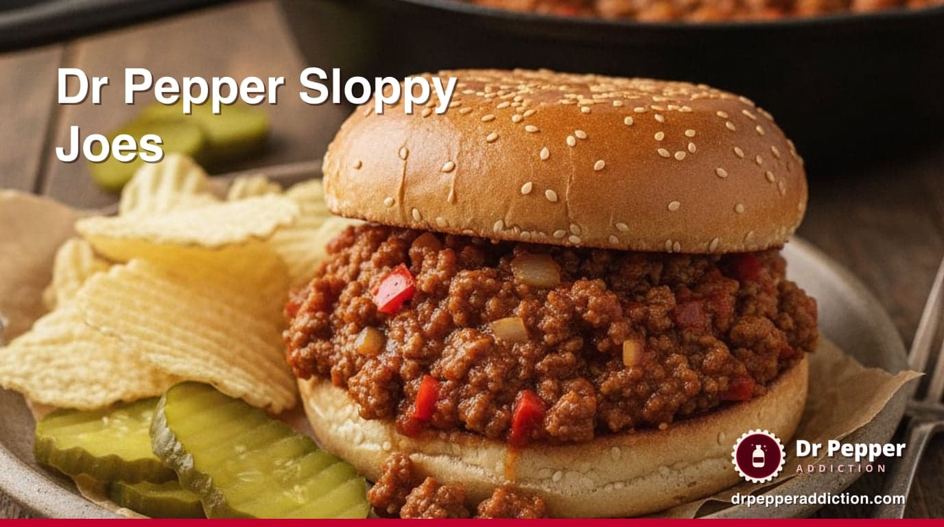 A toasted sesame bun overflowing with saucy ground beef sloppy joe filling flecked with red pepper and onion, on a plate with more filling in a skillet behind it