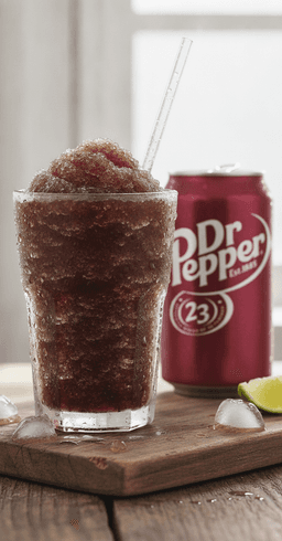 A frosty glass of Dr Pepper slush with a straw, a can of Dr Pepper beside it