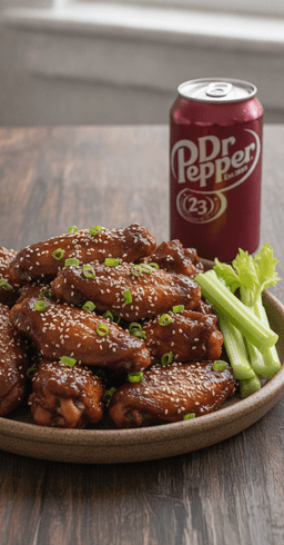 A platter of sticky Dr Pepper glazed chicken wings with sesame, scallions and celery, a can of Dr Pepper beside it