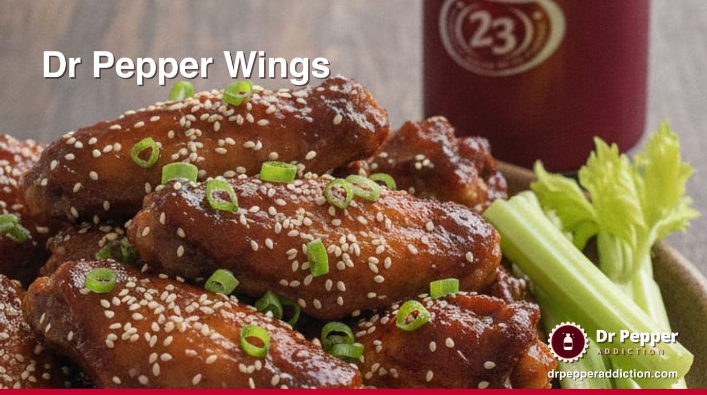 A platter of sticky Dr Pepper glazed chicken wings with sesame, scallions and celery, a can of Dr Pepper beside it