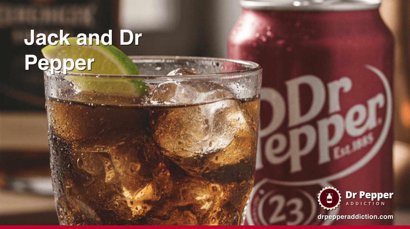 A highball of Jack and Dr Pepper over ice with a lime wedge, a can of Dr Pepper beside it